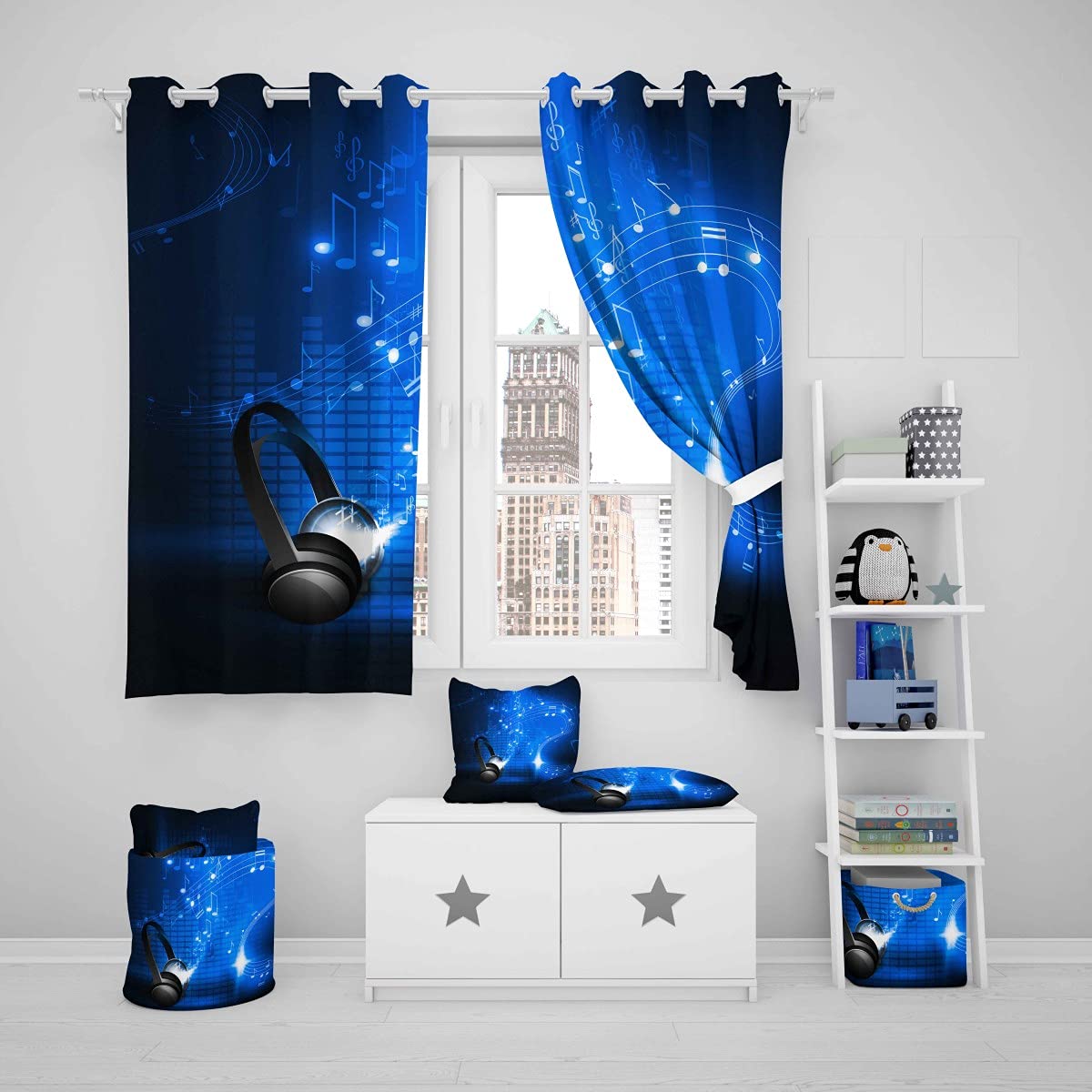 Loussiesd Kids Boys Curtains Girls Musical Notes Window Curtain,Black Blue Headphones Curtain for Teens Toddler Adults Cute Music Room Decor Windows Drapes Headset Window Treatments Curtains W46*L72 - Image 4