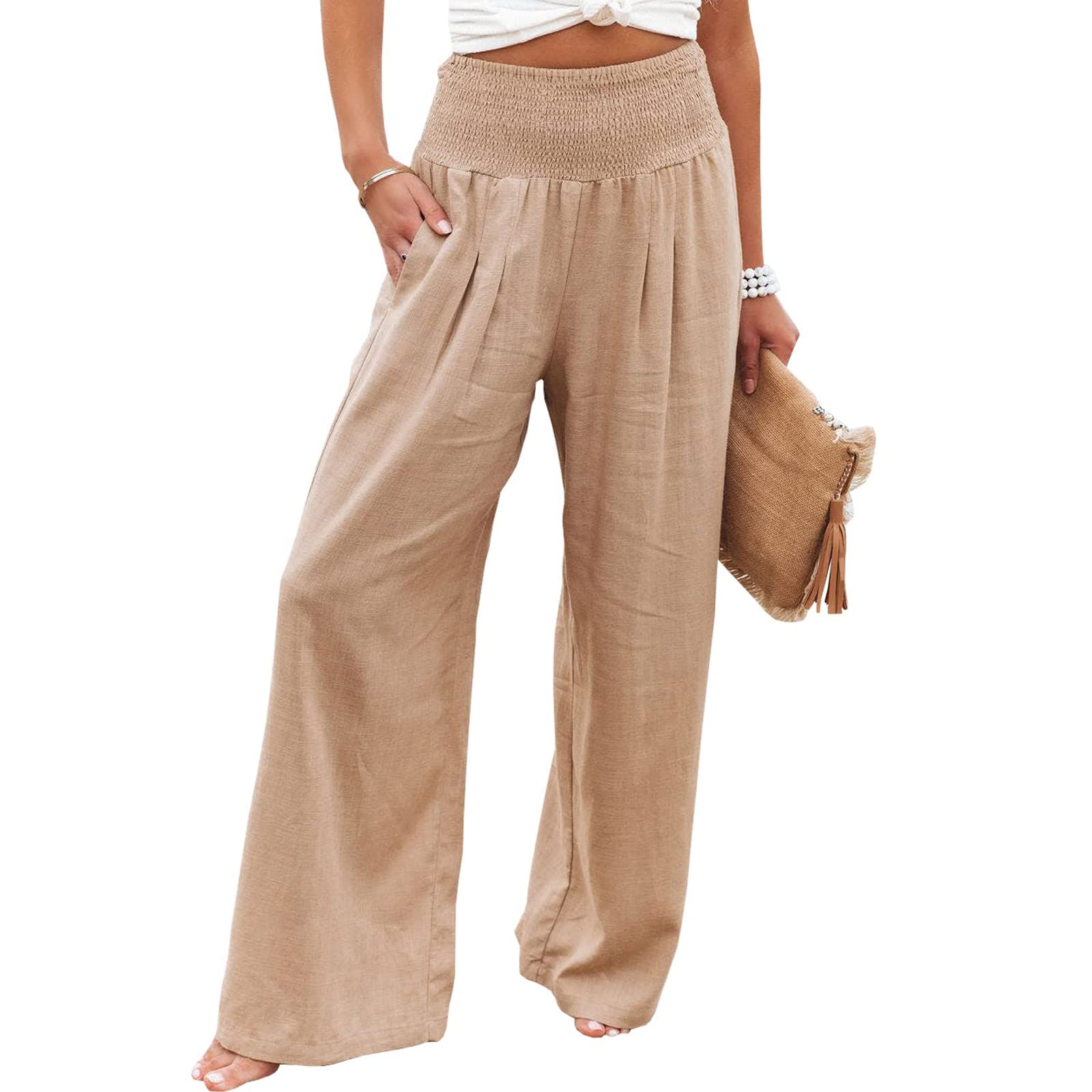 Women Cotton Linen Pants Elastic High Waisted Palazzo Lounge Pants Loose Beach Trousers with Pockets