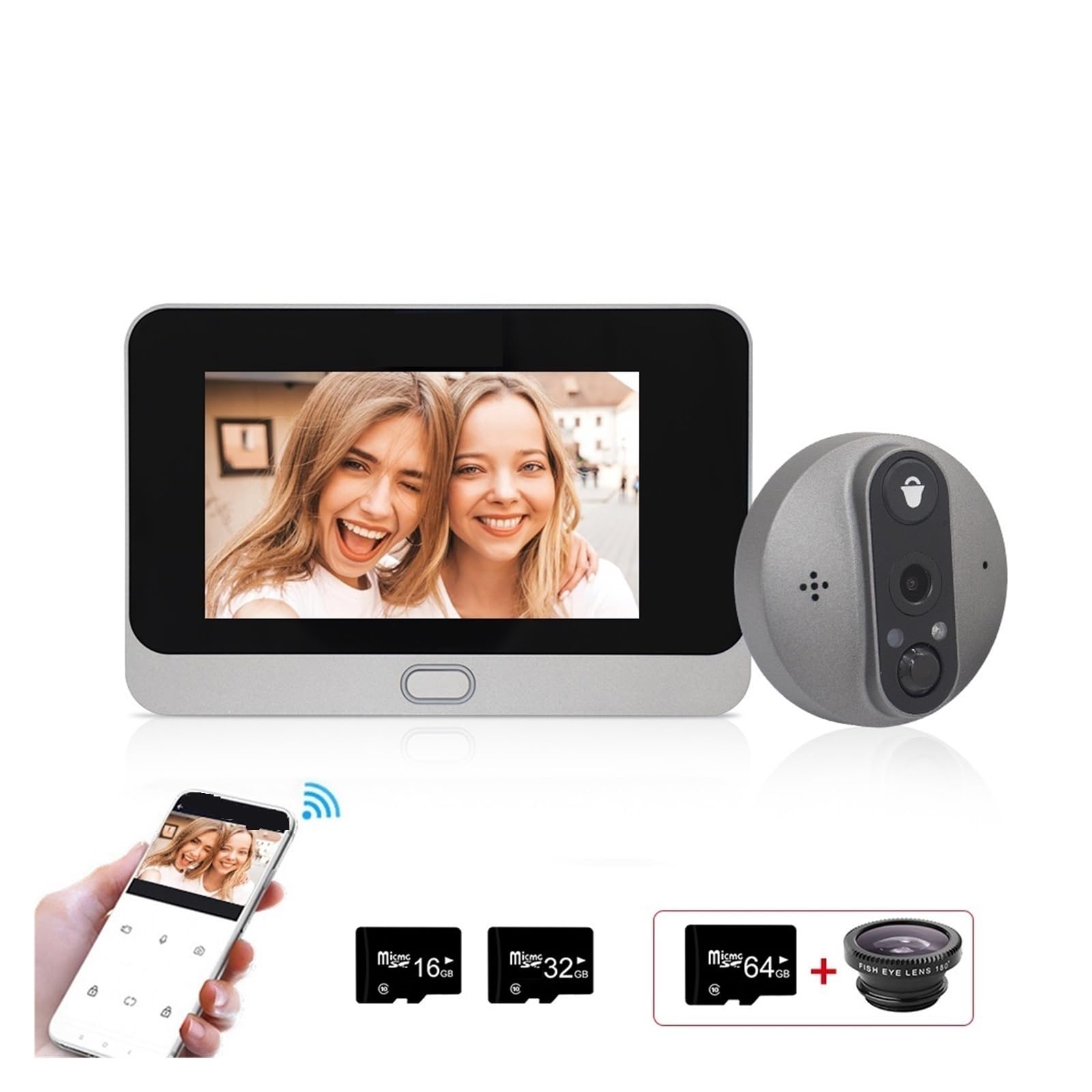 Timbre con cámara y videoportero Inteligente inalámbrico con WiFi para casa - Mirilla Visual para apartamento con detección de Movimiento (R9, Tarjeta TF de 32 GB)