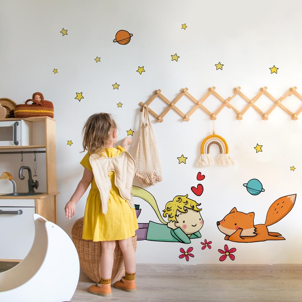 kina - Adesivo Murale Bambini Decorazione Parete Cameretta R00158 - Eco-Tessuto, Ecologico Anallergico, Riposizionabile, Effetto Carezza, Asilo Nido - Grafica Piccolo Principe e Misura 100x30 cm