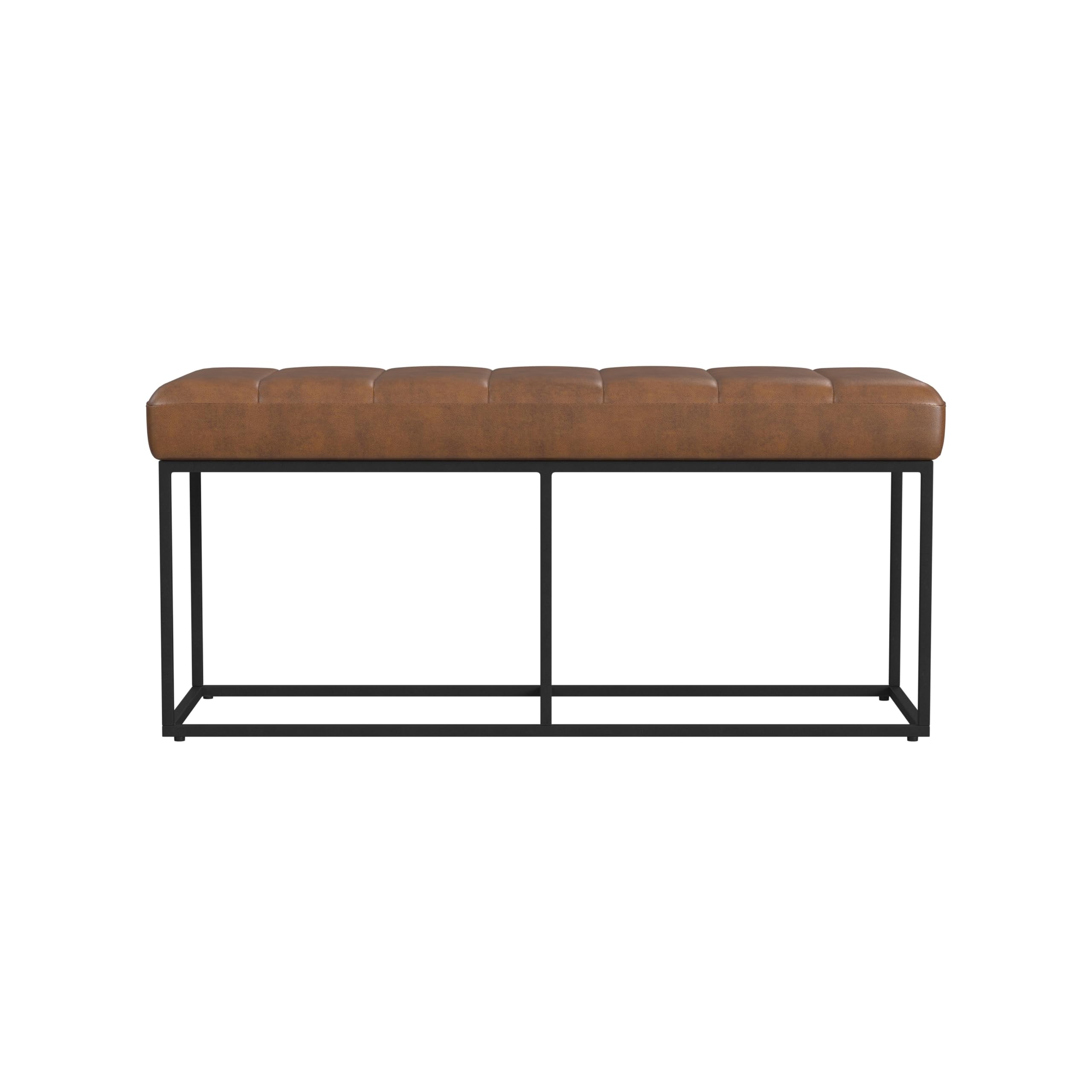 HomePop Theodore Decorative Bench with Metal Base, Brown PU Leather