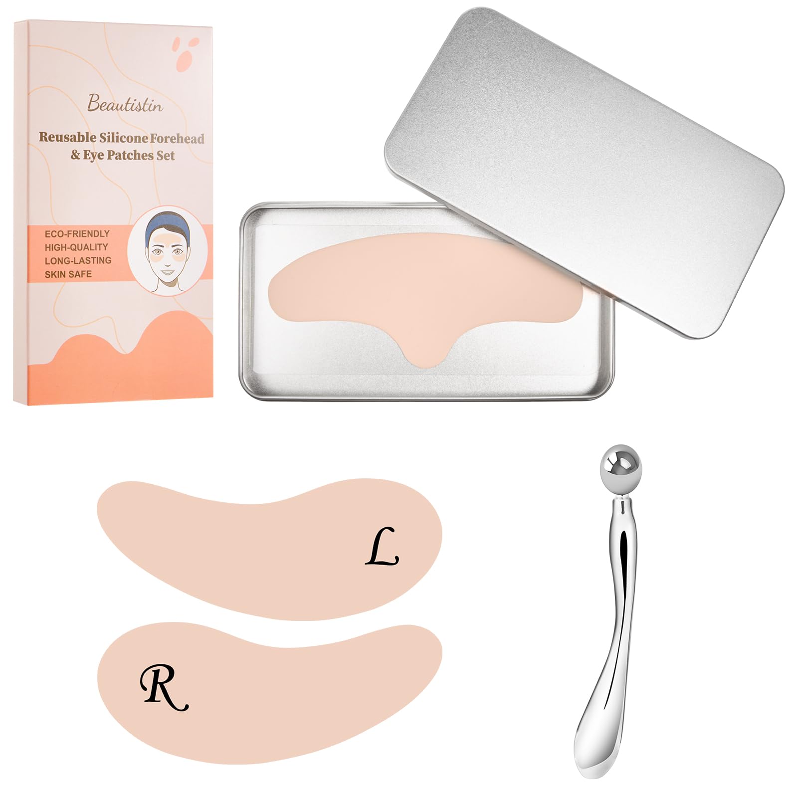 Beautistin Silicone Forehead Wrinkle Patch - Reusable Forehead Wrinkle Patch and Eye Patches Set, Reusable Silicone Patches for Wrinkles, No Adhesive & No Pulling, Metal Eye Cream Applicator, Tin Case
