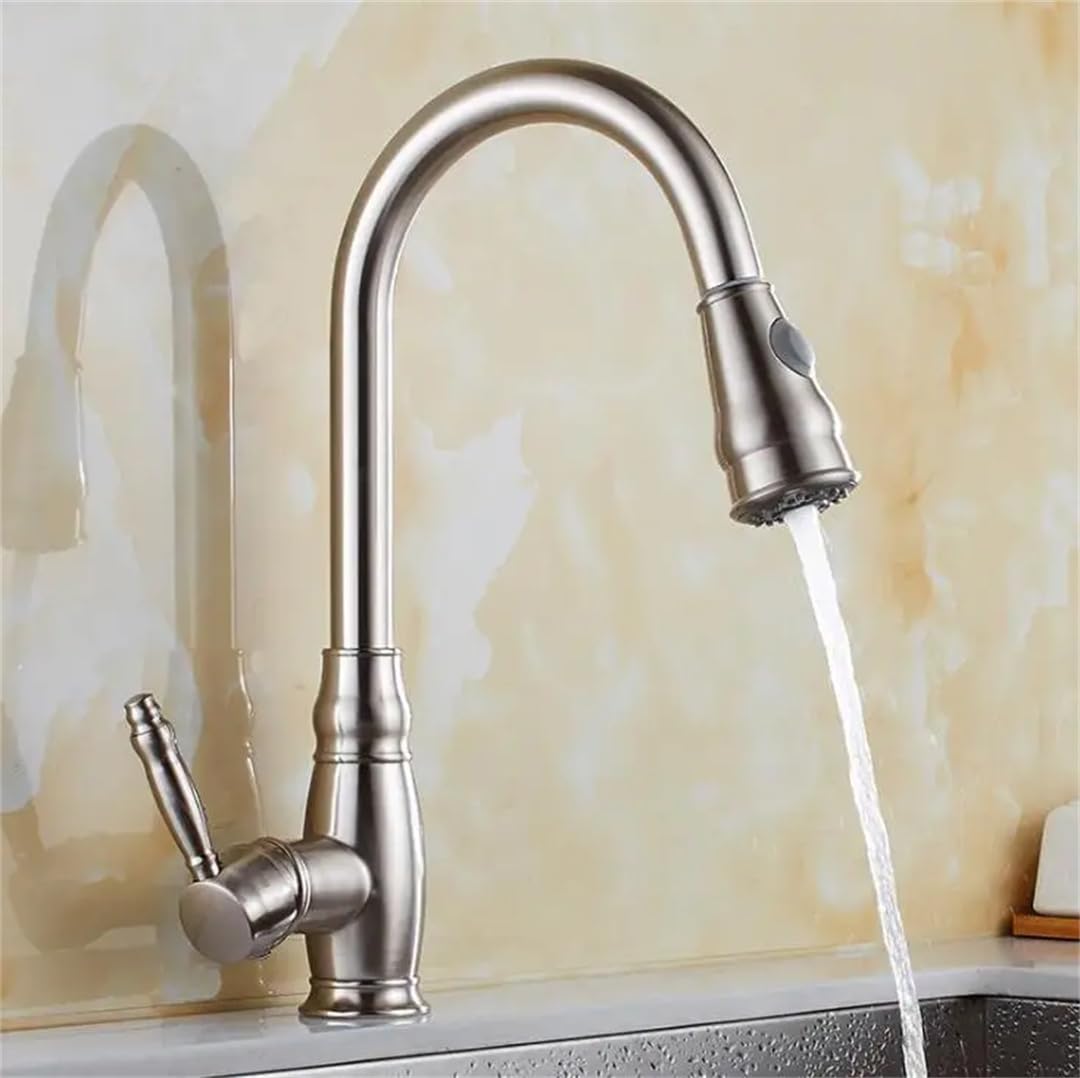 ZQFHSX Led Kiten Faucets Nickel Single Handle Pull Out Tap Hole Swivel Water Mixer LWX