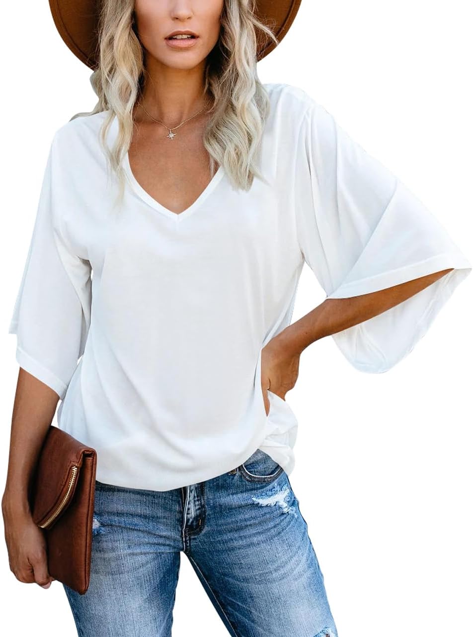 cordat Women's Blouse Tops Loose V Neck 3/4 Bell Sleeve T-Shirt Elbow Length T-Shirts for Women - Image 2