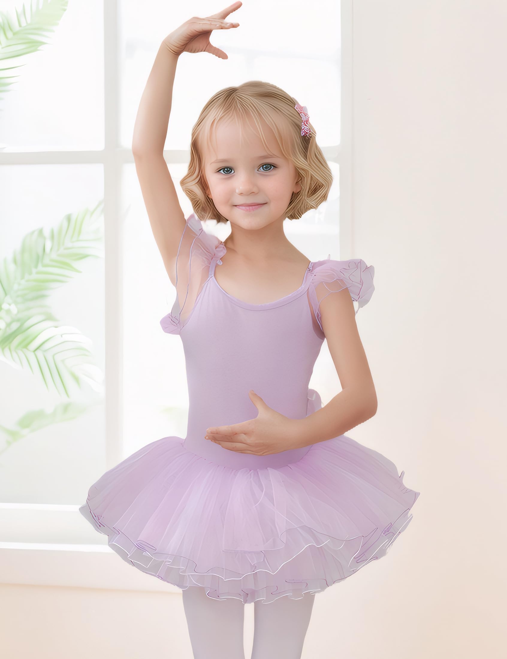 HIPPOSEUS Girls Ruffle Sleeve Ballet TUTU Leotards Dance Dresses Purple Leotard Outfit for Ballerina,Y-04WDM, 10-11 Years