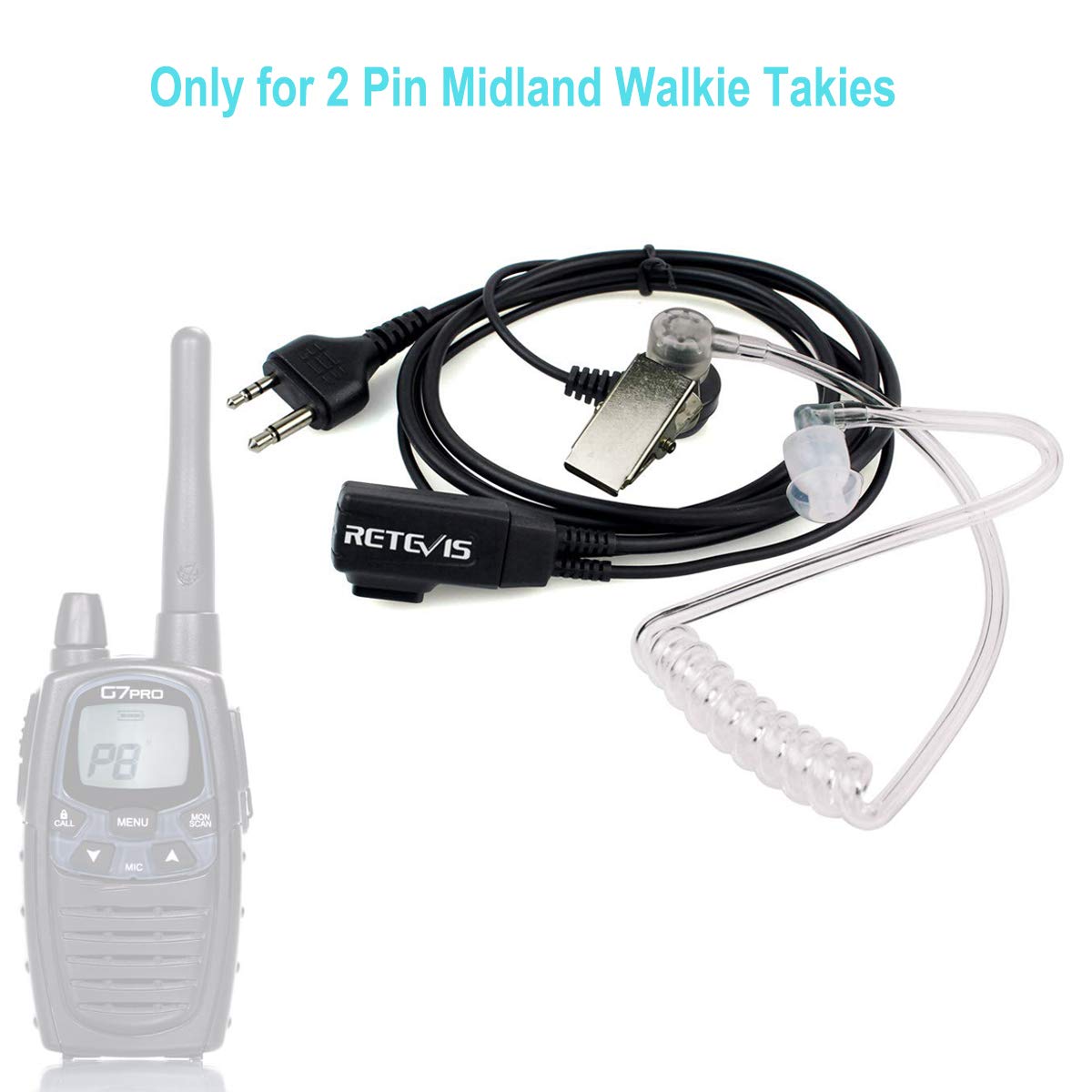 Retevis 2 Pin Cuffie Walkie Talkie Auricolare Compatibile con Ricetrasmittente Midland G7Pro G6 G9 G12 M24 GXT250 GXT550 GXT650 LXT80 LXT112 Alan39(2 Pezzi)