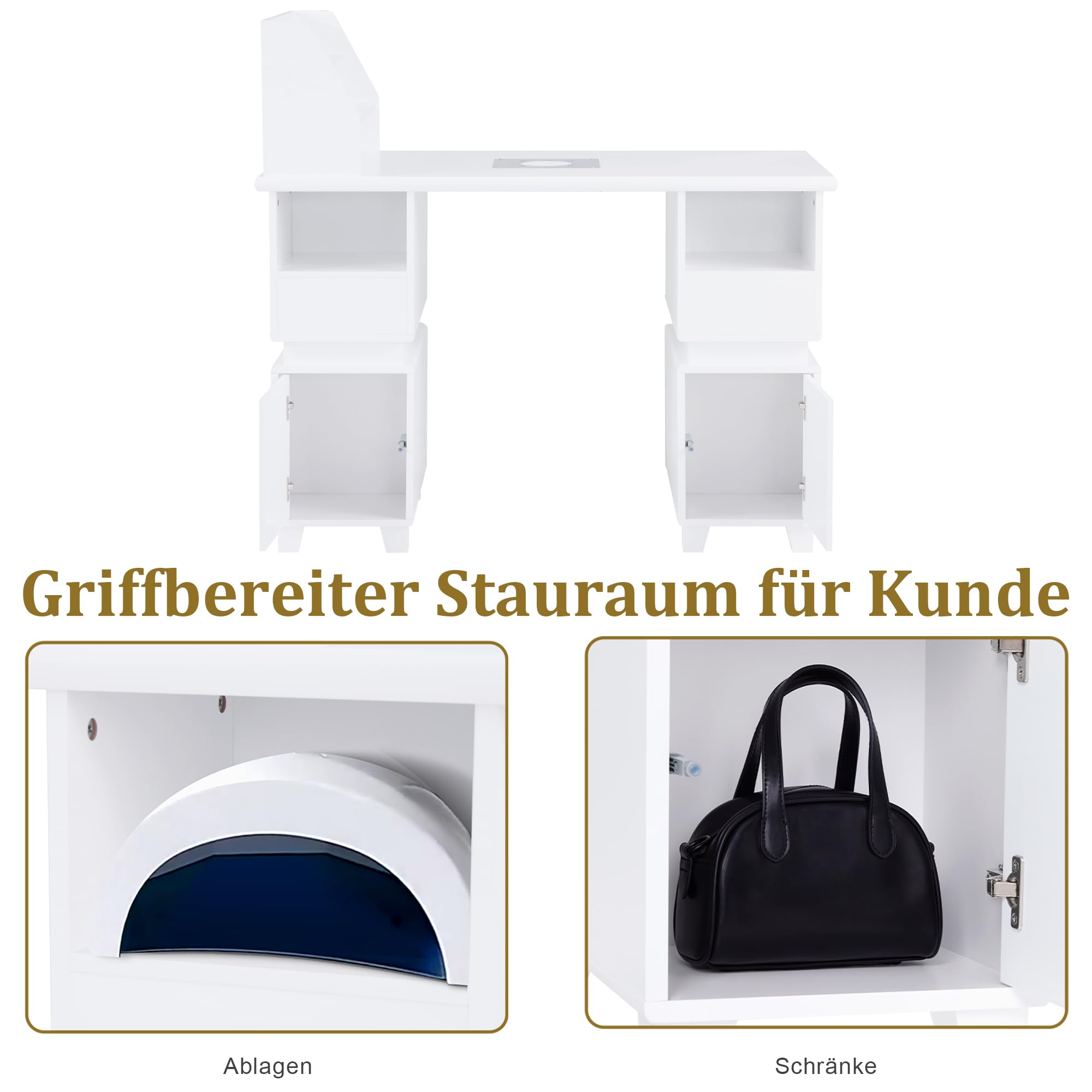 Barberpub Manikürtisch mit 2 Schubladen, Nageltisch mit Absaugung Weiß, Nagelfrisiertisch aus Holz, 4 Schrank, Regal, 2 Staubsaugerbeutel, Schreibtisch für Nagelstudio, 55x120x112,5cm, 2456