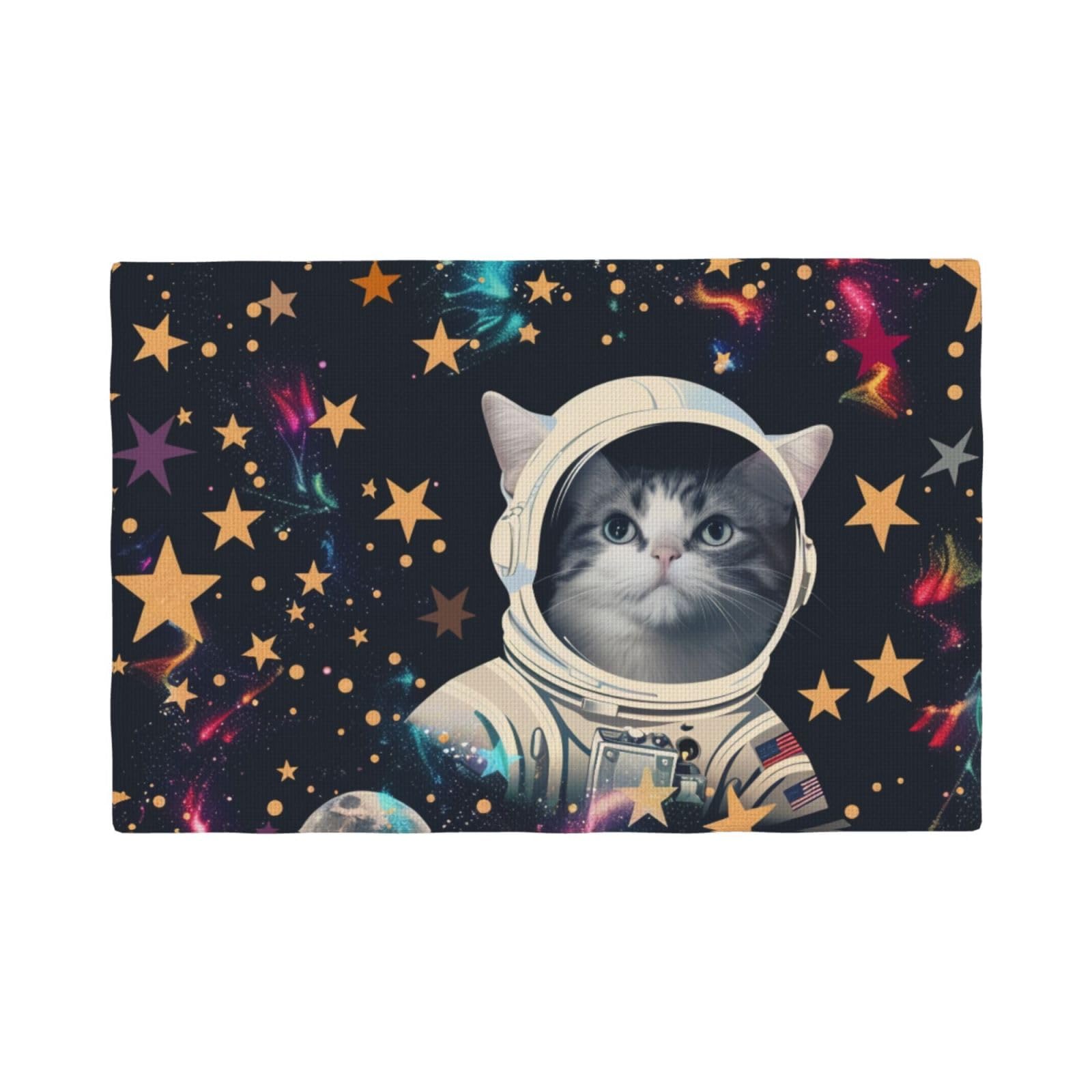 Fun cat Astronaut Print Placemats Set, Heat Resistant Washable Placemat 12x18in Table Mats for Party Kitchen Dining Table Decoration Indoor Outdoor, Six Piece