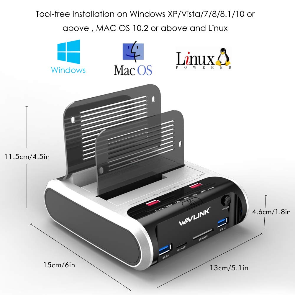 Festplatten Dockingstation, WAVLINK USB Festplatten Docking Station Offline Klonfunktion für 2,5 Zoll & 3,5 Zoll SATA HDD SSD, Unterstützt TF & SD Karte und USB-Aufladung