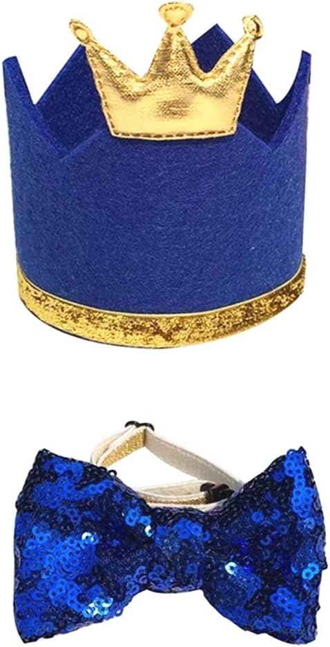 NA 1 Set Pet Hat Bow Tie Set Pet Crown Hat Blingbling Bow tie Collar Pet Birthday Party Supplies Cosplay Accessory Puppy Birthday Gift for Small Medium Dogs Cats Kitten(Blue)
