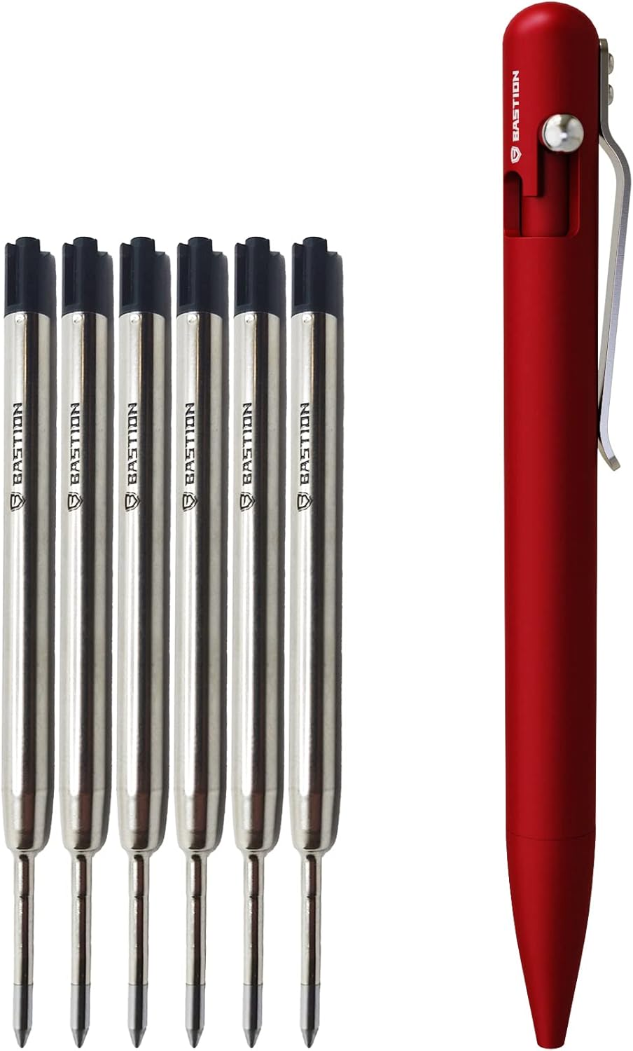 BASTION Aluminum Pen Plus 6 Gel Black Ink Refill | Luxury Bolt Action Pen Metal Body Fine Point (0.5mm) For Women & Men Ballpoint Pen Combo Gift Set (Red)