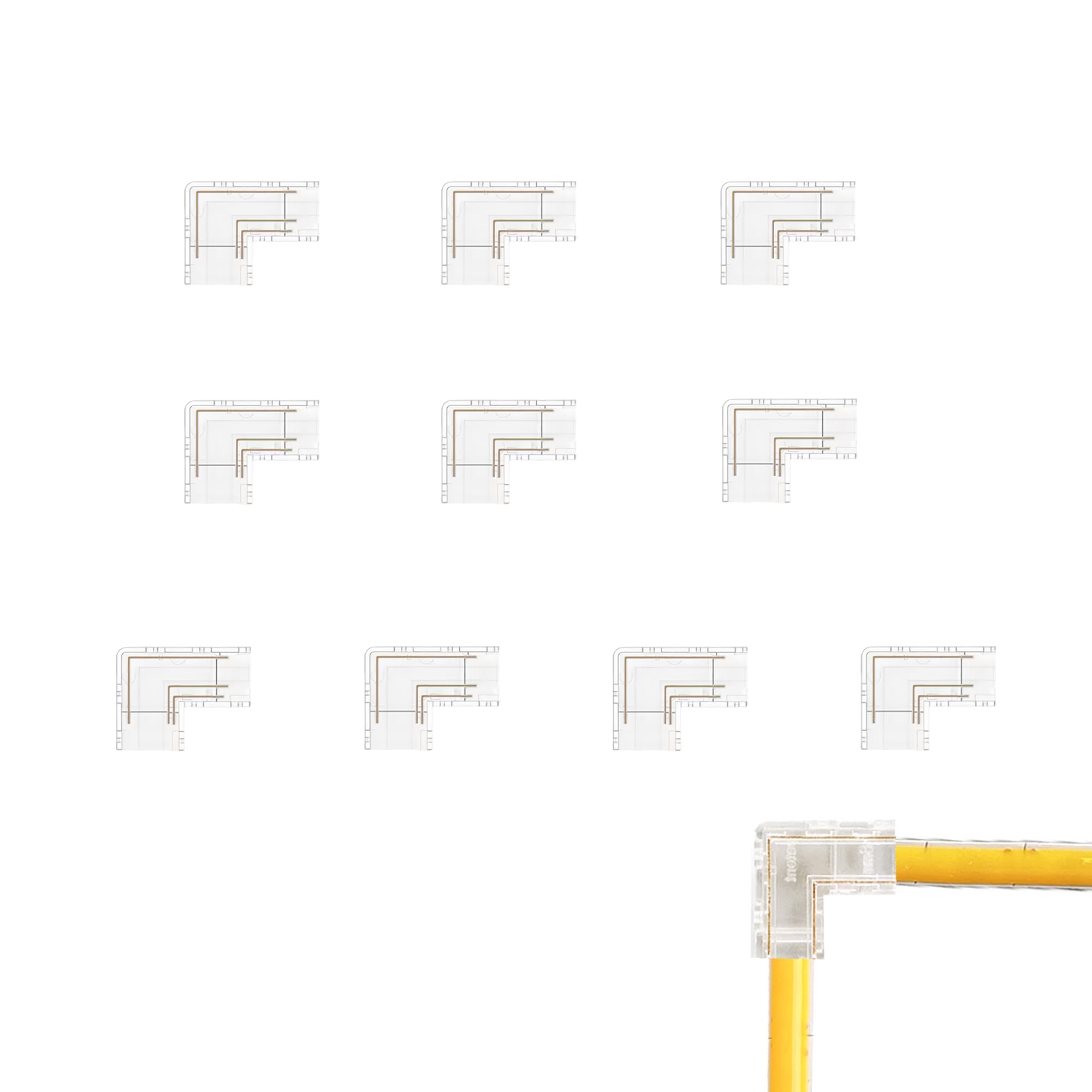 Clearhill White 5Mm 2Pin 10Packs Transparent Solderless L-Shape Cob Led Strip Connectors,90°Right Angle Corner Joints For 5V 12V 24V Single Color Led Strip Lights,Seamless Corner Connection.