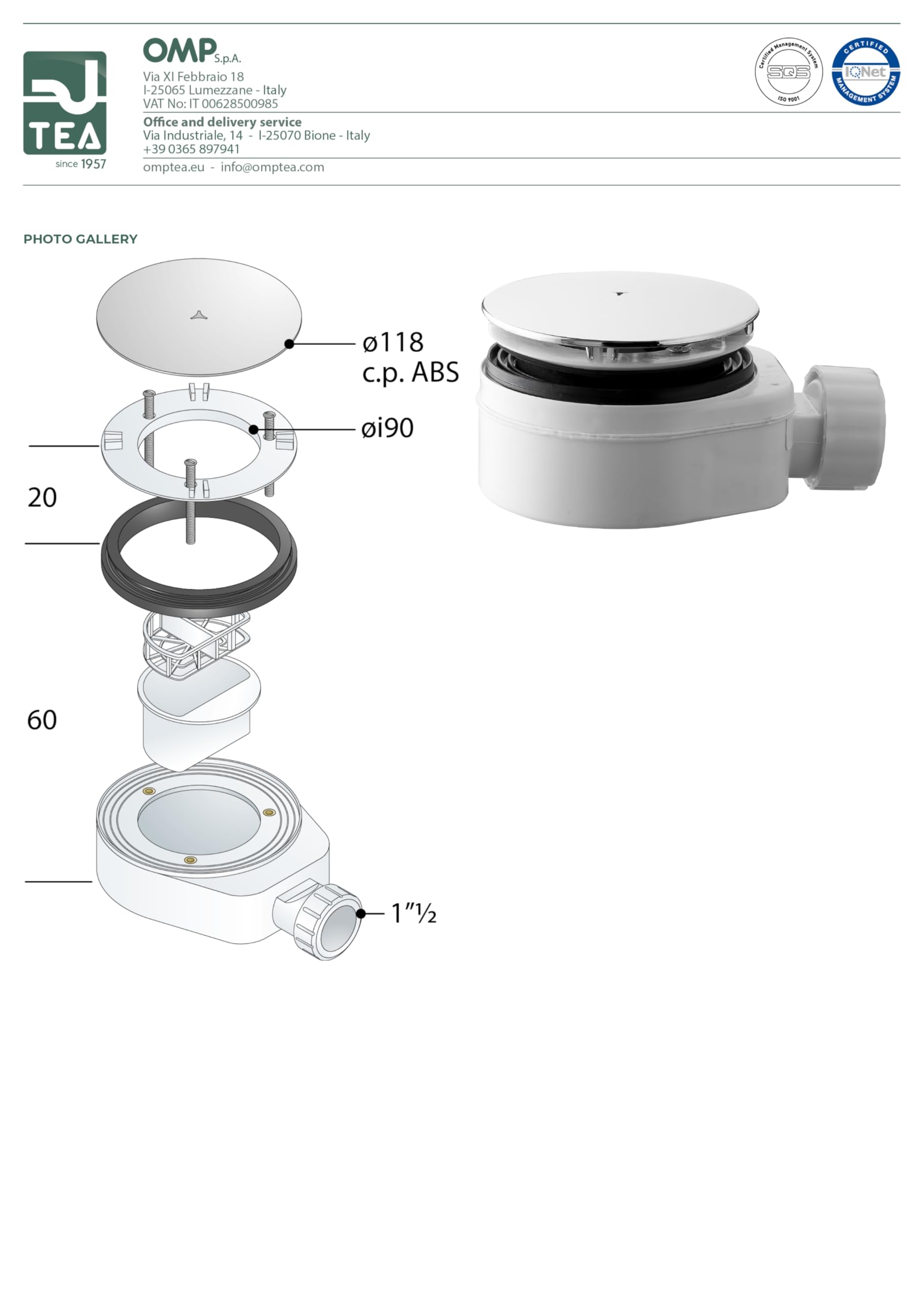 Tea - omp spa - piletta sifonata in pp con griglia per piatto doccia con foro 90 mm - tea auva mini