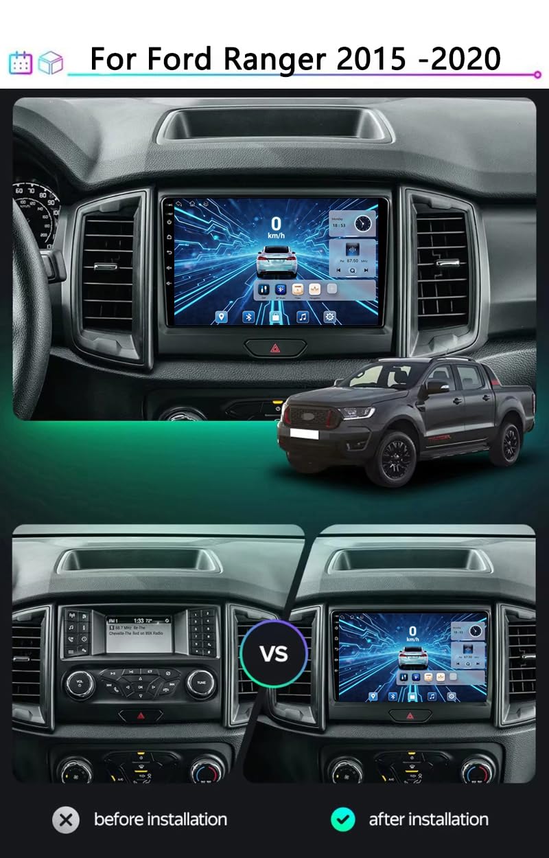 Autoradio Android 16 pour Ford Ranger 2015-2020 9'' Écran Tactile Capacitif Bluetooth Auto Radio Lecteur De Voiture Mirrorlink Fonction Bluetooth RDS AM FM USB,4CoreWifi2G+64G