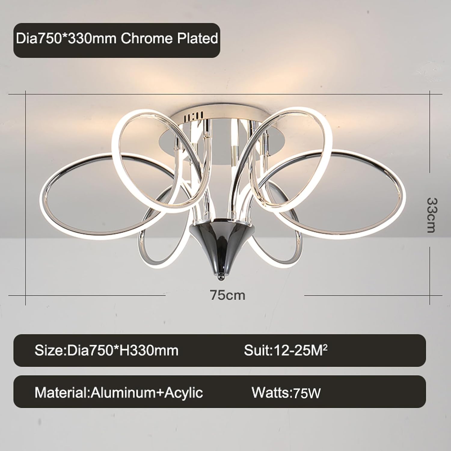 Chrome/Black LED Ceiling Light with Remote Control, Dimmable Lustre with 3 Color Temperature,6 Lights Chandelier for Dining Room (Chrome, Dia30 x H13)