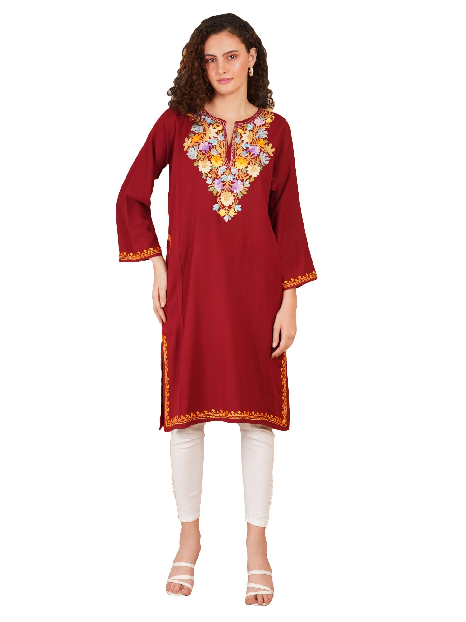 craftbazar Kashmiri Embroidered Cashmilon Phiren Maroon-picture-33