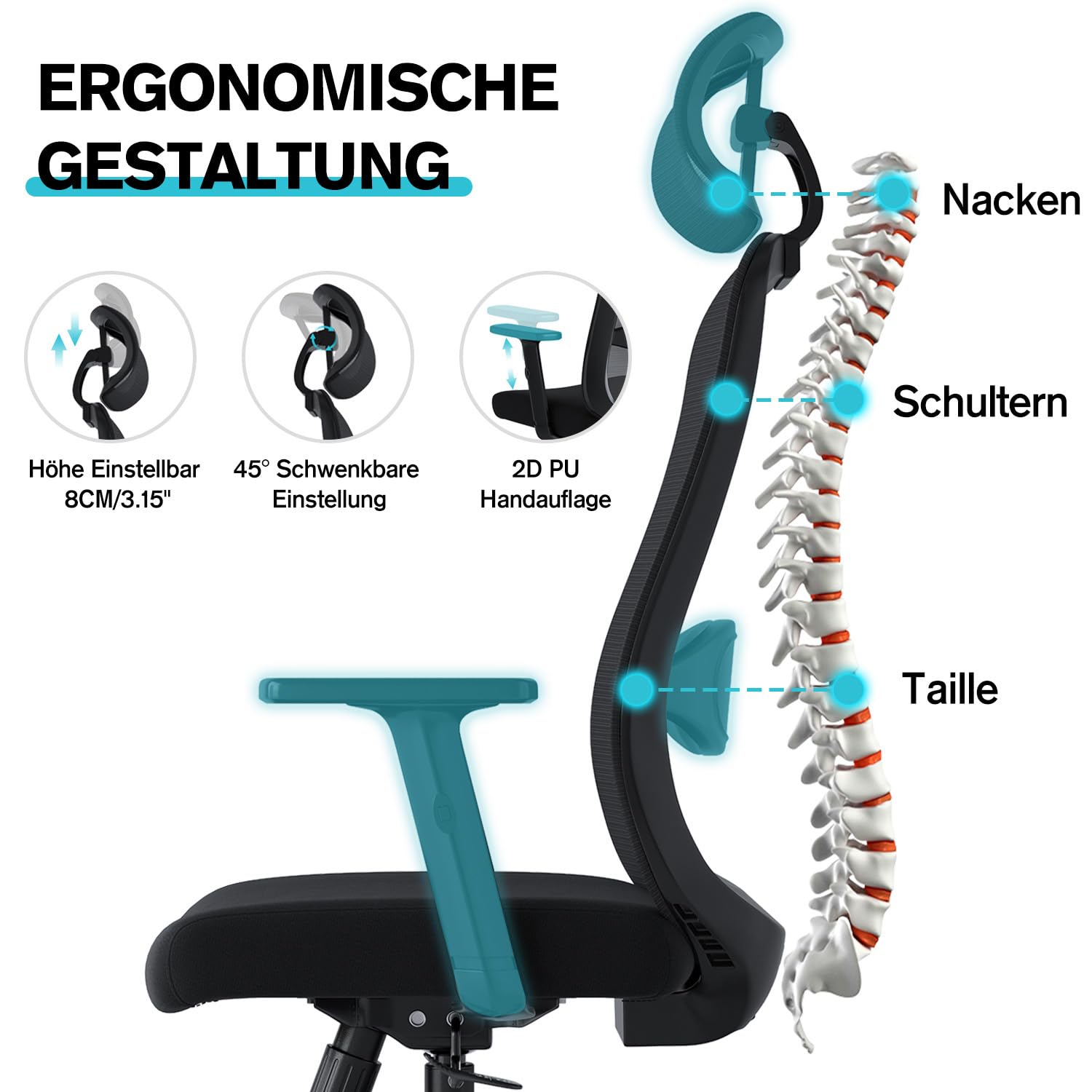 Bürostuhl Ergonomisch, Schreibtischstuhl mit Wippfunktion bis 125°, Verstellbarer Kopfstütze & Armlehnen, Drehstuhl mit Lendenwirbelstütze, Chefsessel aus Mesh, Bürostühle 150 kg, Schwarz