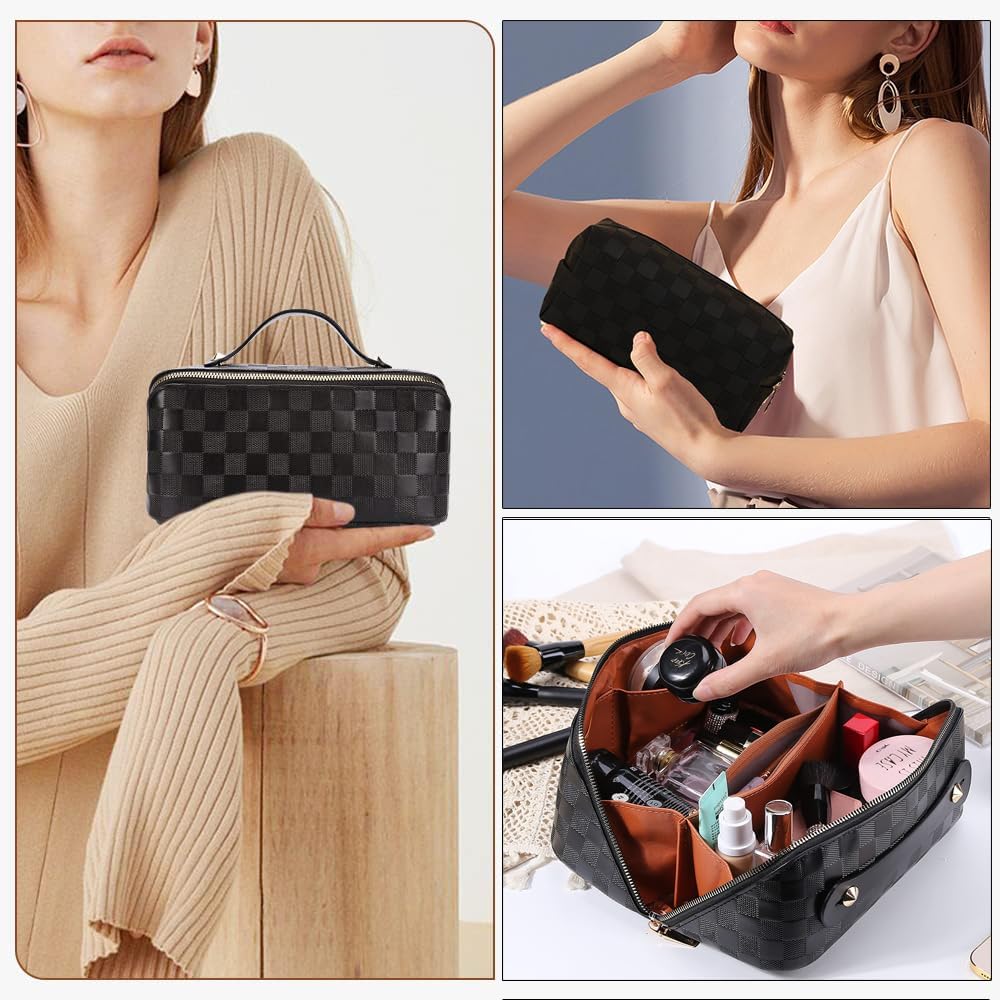 Checkered Travel Makeup Bags Cosmetic Organizer Bag: 2-Set Large Capacity Waterproof Makeup Bag - PU Leather Toiletry Bag for Women - Wide Open Portable Pouch with Handle and Divider (BLACK) - Image 6