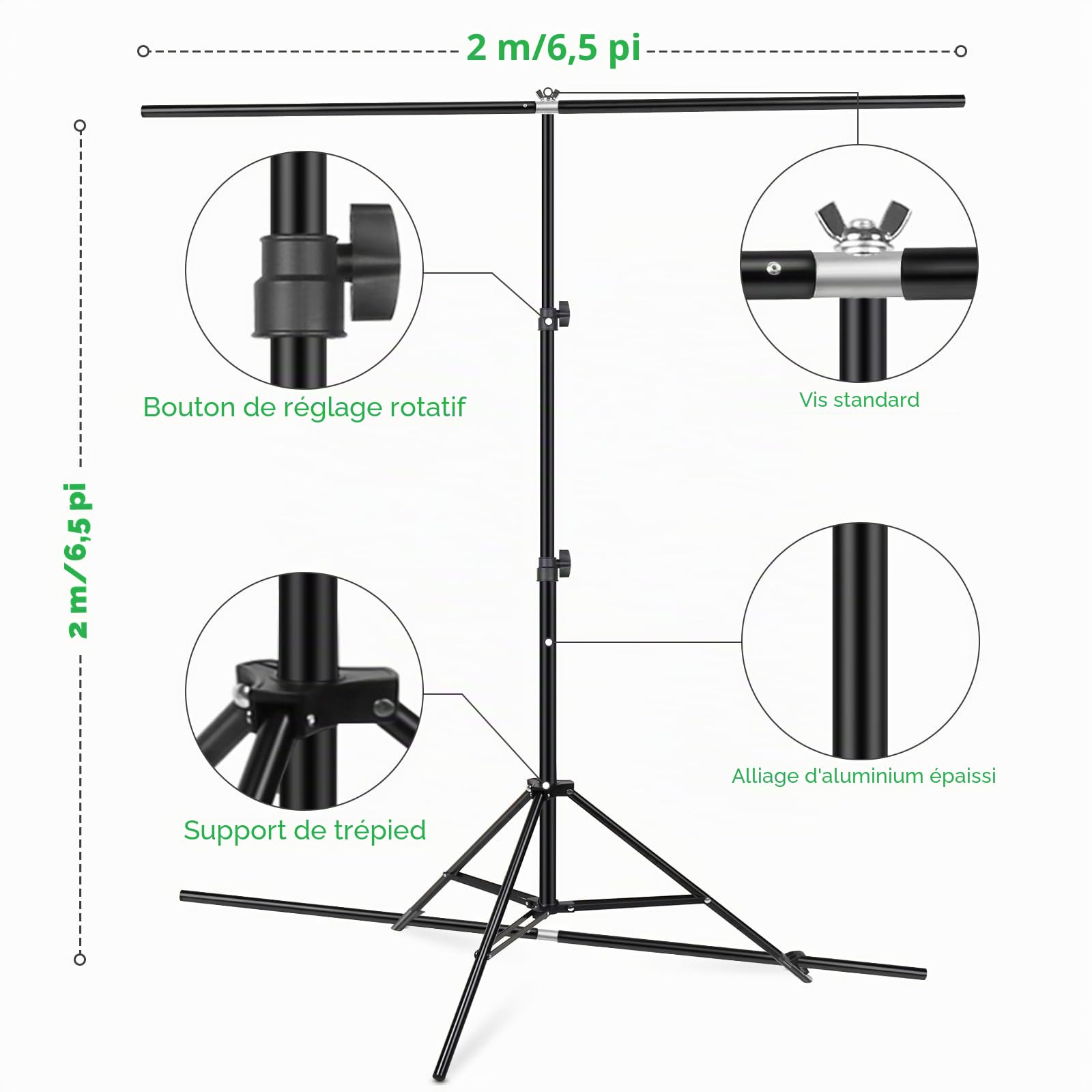 Toile de fond polyvalente avec support 2 x 2 m, arrière-plan pliable et infroissable Chromakey blanc et vert pour studio photo, prise de vue vidéo, photographie de portrait