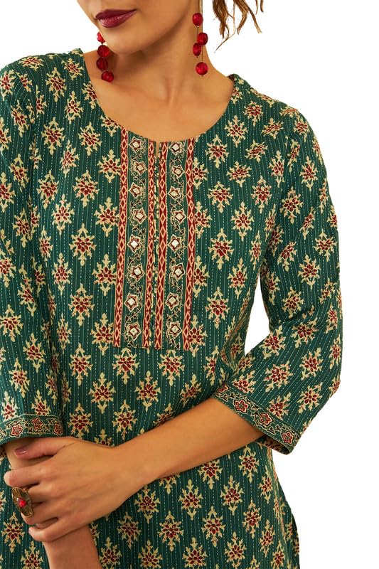 Image of Soch Womens Green Cotton Ajrak Printed Straight Kurta with Embroidery Details