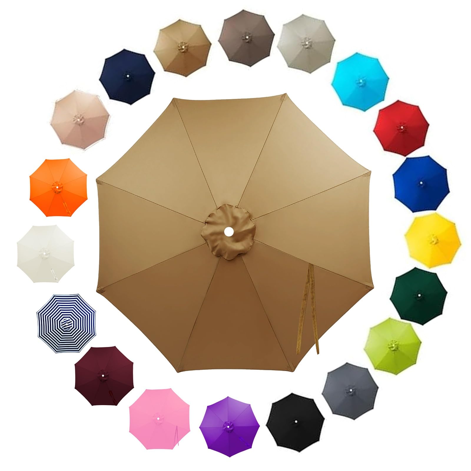 Outdoor Patio Parasol Replacement Canopy 2.5m 2.8m 3.30m 3.5m 6/8 Ribs, Fade Resistant Garden Umbrella Top Fabric Cover, Waterproof UV Protection Sunshade Cloth(Khaki,3.30m/8 Arms)