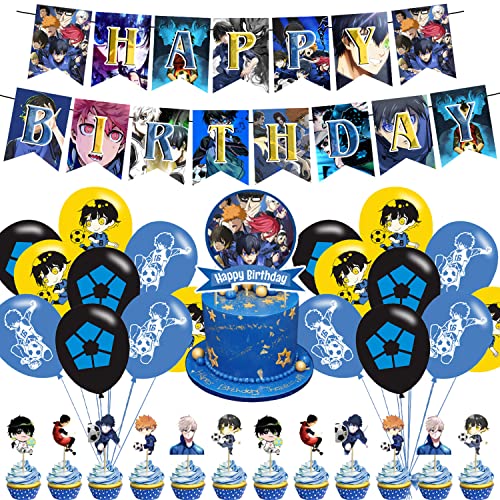 32Pcs Blue Lock Birthday Party Decorations, Party Supply Set For Kids With 1 Happy Birthday Banner Garland , 13 Cupcake Toppers,18 Balloons For Blue Lock Party Supplies #TOP18
