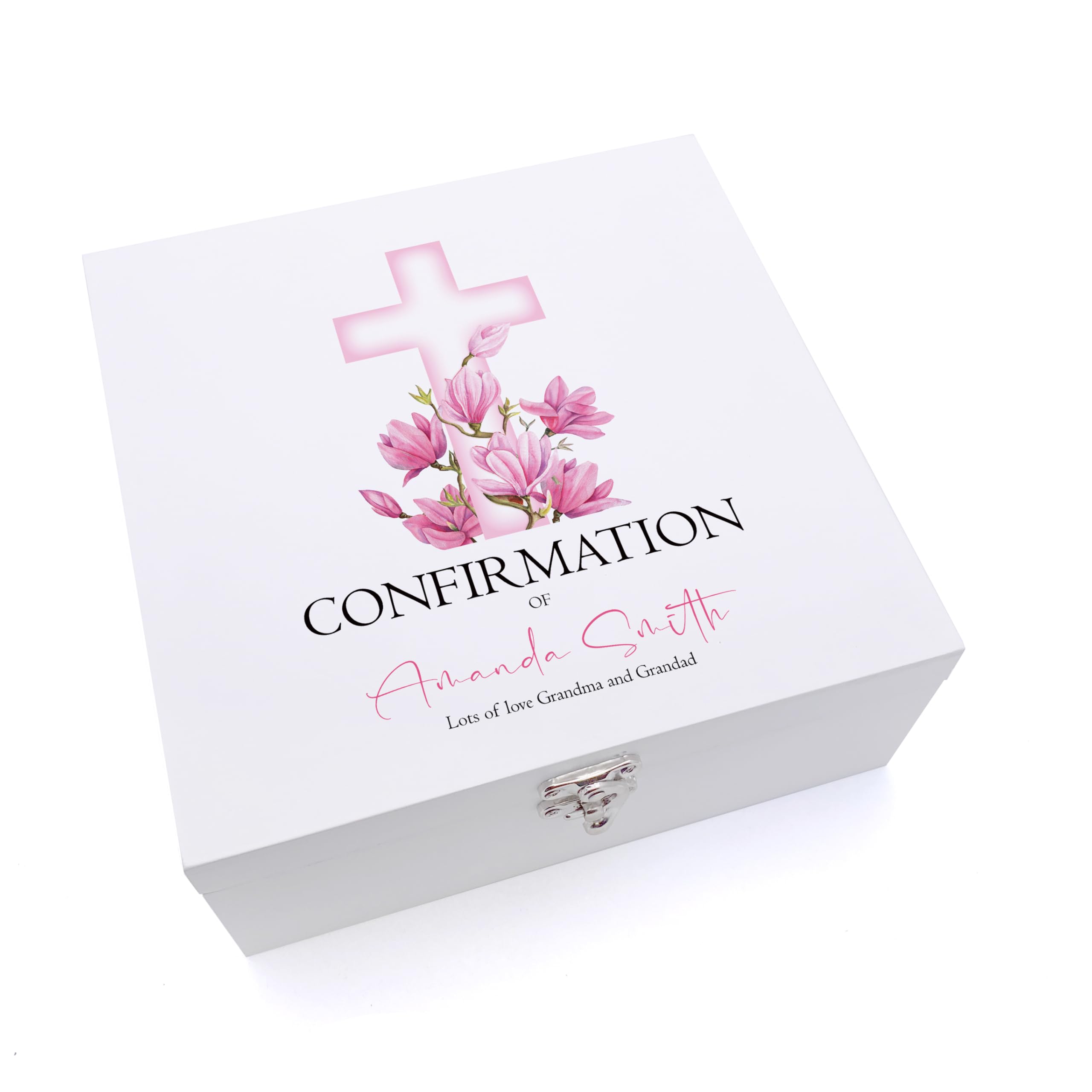 ukgiftstoreonline Personalised Confirmation Day Wooden Keepsake Memory Box With Pink Cross (Medium)