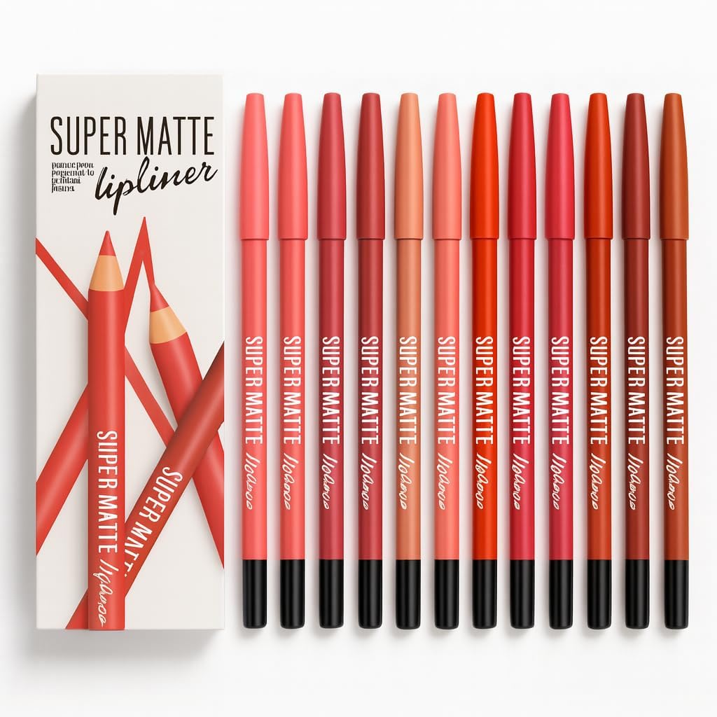 Super Matte Lip Liner Set of 12 – Waterproof Nude Lipliner Pencils – Professional Multicolor Long-Lasting, Smudge-Proof Lip Contour for Women & Girls