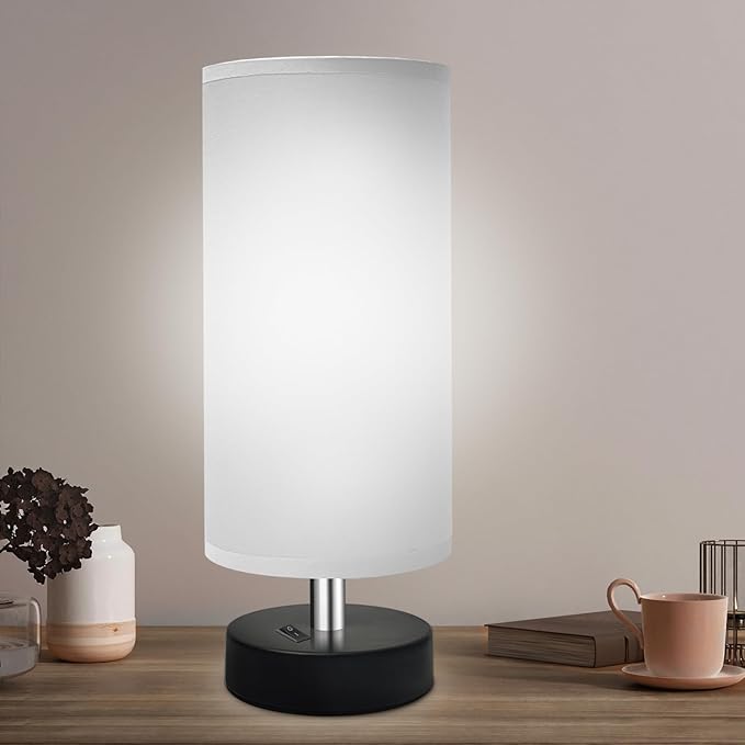 DEGNJU Small Lamp for Bedroom, Bedside Lamps for Night Stands, Mini Minimalist Table Lamp with Round Gray Fabric Shade, 11.8 Inch Desk Reading Lamp for Dorm Room Living Room Office Room, 1 Pack