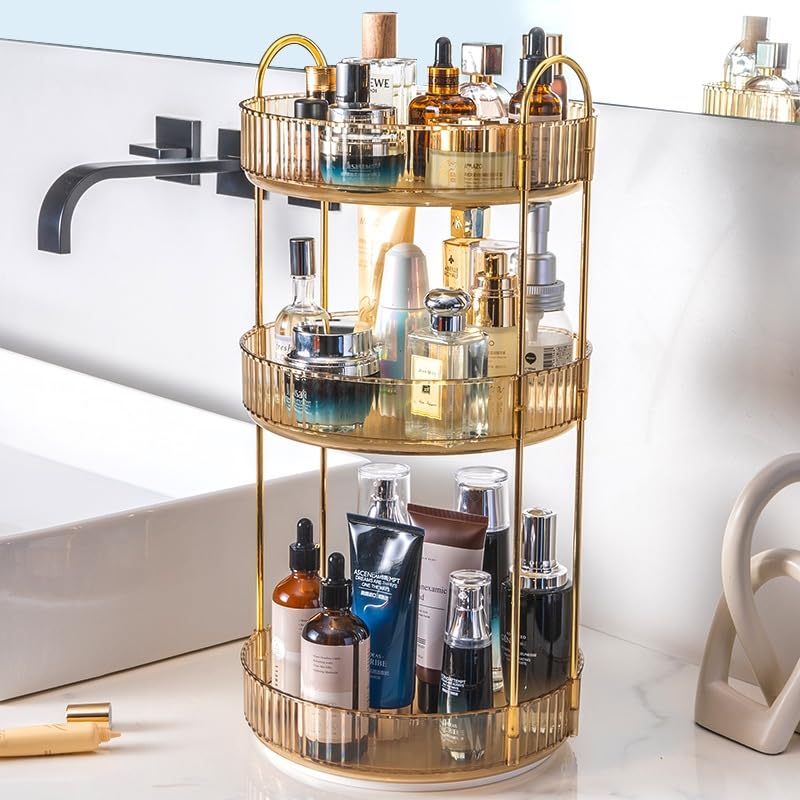 CESTATIVO 360 Rotating Makeup Organizer - High-Capacity Skincare & Cosmetics Organizer for Vanity, Bathroom or Dresser (3 Tiers, Amber)