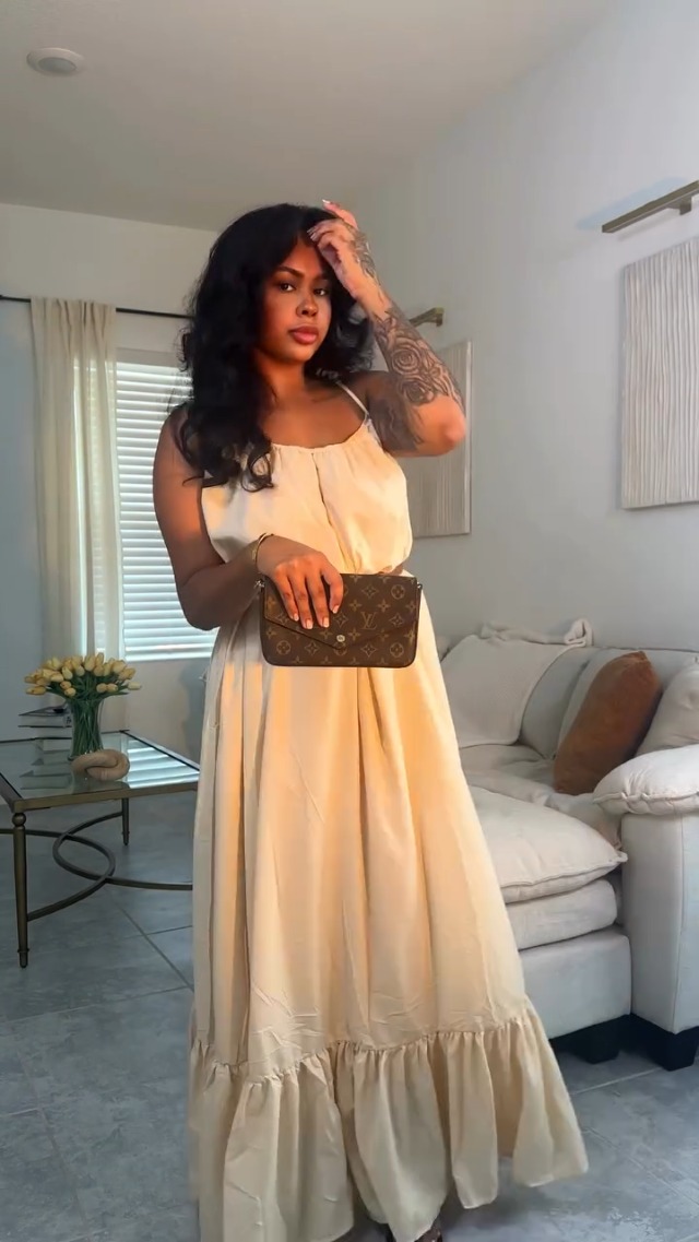 chinese dress ladies Women's Sexy Spaghetti Strap Sleeveless Ruched Ruffle Hem Bandage Oversized  Beach Loose Long Maxi Swing Dress Apricot S at Amazon Women's Clothing store