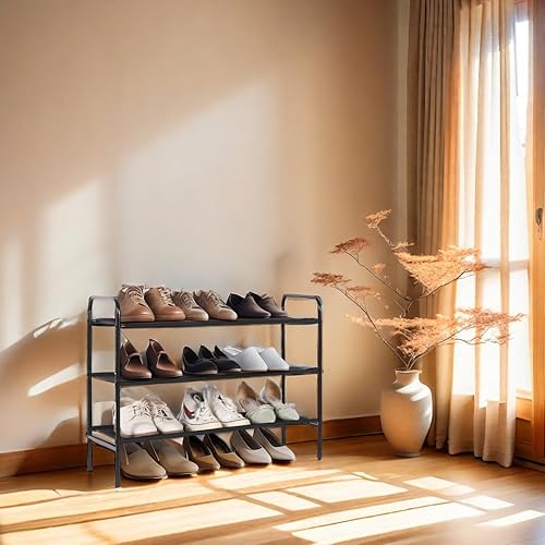 Miniatura 9 de MAX Houser Zapatero de 3 niveles, estante de almacenamiento de zapatos de metal para 9-12 pares, fácil de montar, entrada, dormitorio, negro