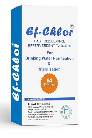 Ef-Chlor Water Purification 64 Tablets - 400mg Portable Drinking Water Purification & Sterilization Tablet Ideal for Emergencies Survival Purifies 26.4 Gallons - 39.62 Gallons in 1 Tablet