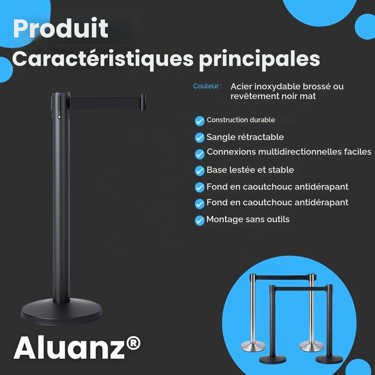 Poteaux de guidage, 2 pièces | Acier inoxydable noir mat, Poteaux de balisage avec sangle rétractable 2,30 m, Base stable
