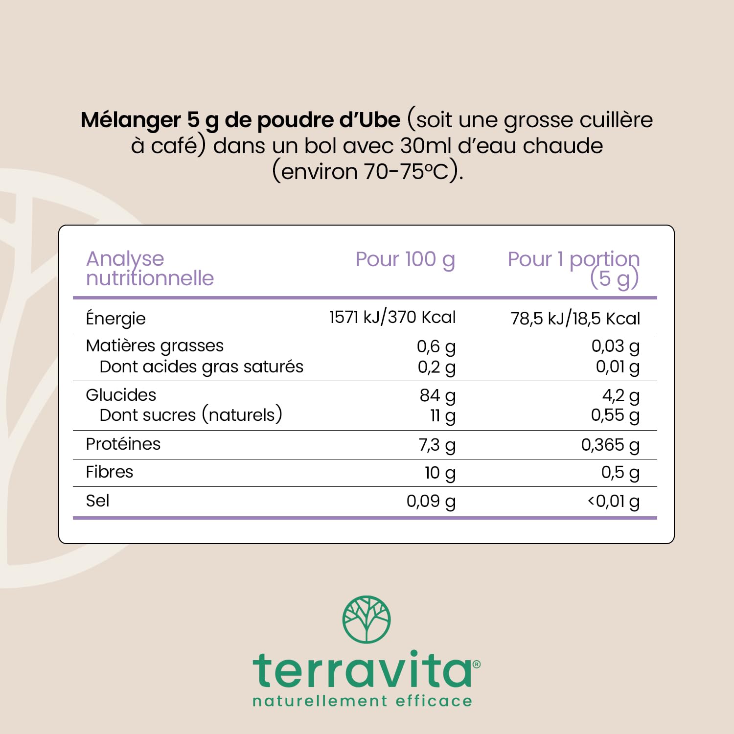 Ube en Poudre 100g | Grade Premium | Saveur Douce | 100% Igname Violette Philippines | Ube Latte, Smoothie, Bubble Tea & Desserts | Antioxydant | Pureté Exceptionnelle | Sachet Refermable | Terravita