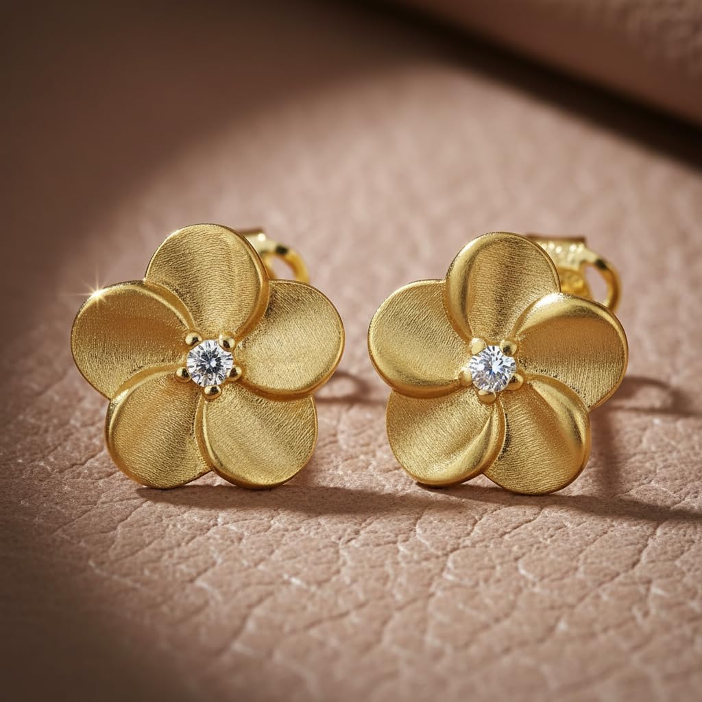 14K Yellow Gold Cz Small Plumeria Flower Stud Earrings - 0.26 in