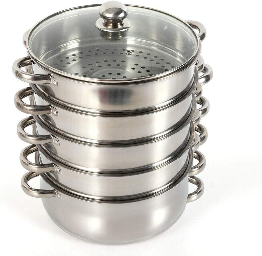 Vaporizador comercial de 5 capas de 30 cm, resistente con revestimiento de acero inoxidable con tapa de vidrio resistente al calor, olla multiusos para catering, cocinas y eventos de banquetes