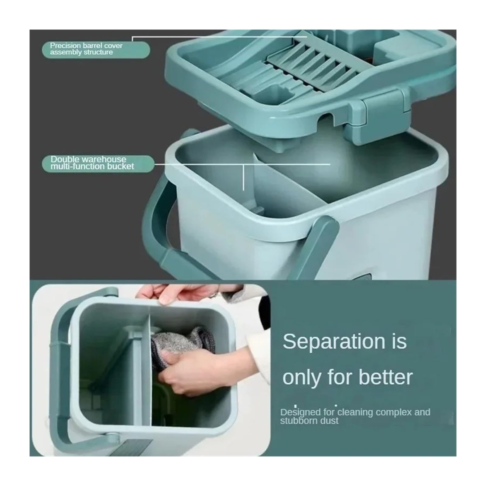 Trapeador de Piso Manos Libres con Cubo Separador de Aguas residuales, Limpieza en seco y húmedo, 360°, Juego de trapeadores Planos, Herramientas de Limpieza for el hogar(Mop with 2coth)