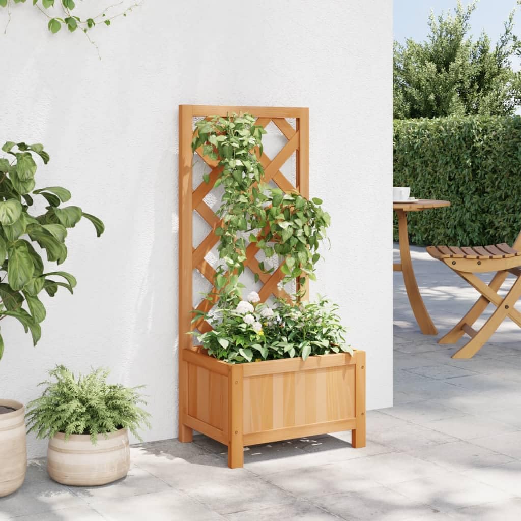 Macetero con enrejado de madera maciza de abeto marrón para plantas trepadoras, maceta ancha y profunda con buena ventilación y drenaje para terraza o jardín, natural