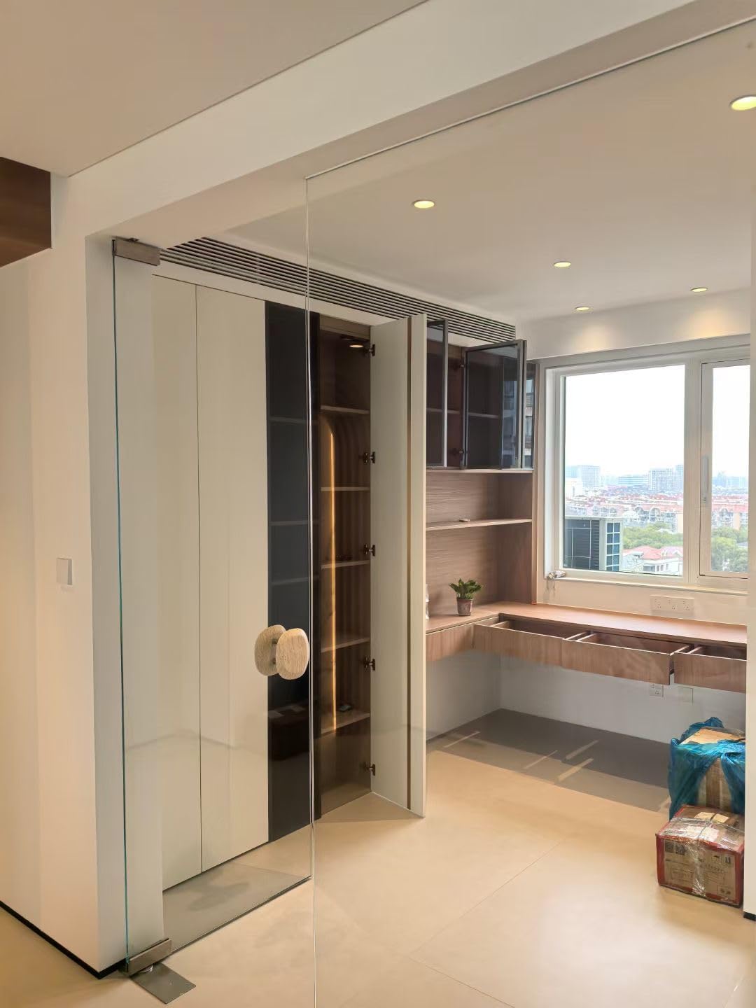 Emily&Sarah Italian Roman Ivory Travertine Door Handle Pair – Through Bolt Floating Matte Finish Pull, Easy to Install | Customizable Styles & Logo Engraving, (Semi-Circular White Hole)