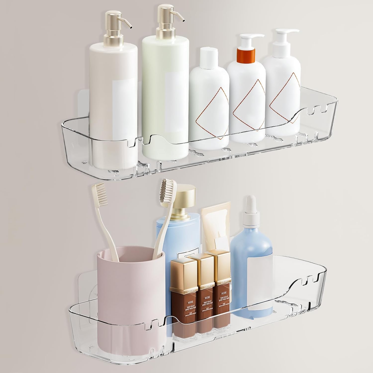EEKEDO 2 Pack Acrylic Shower Shelves Adhesive Shower Organizer Wall Mounted Shower Caddy Bathroom Organizers and Storage No