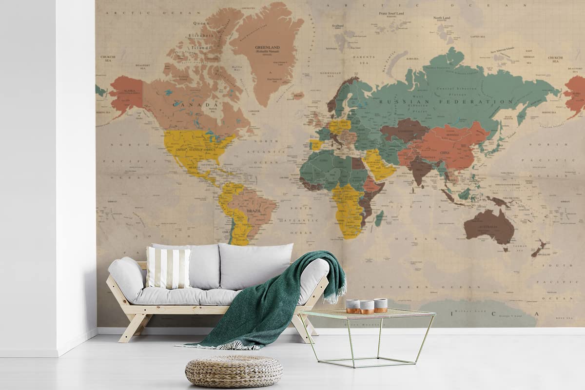 Selbstklebend Tapete Wandpapier Wandaufkleber Fototapete Tapeten Wanddeko 330x220 cm Weltkarte - Vintage - Atlas - Kind - Kind - Mädchen