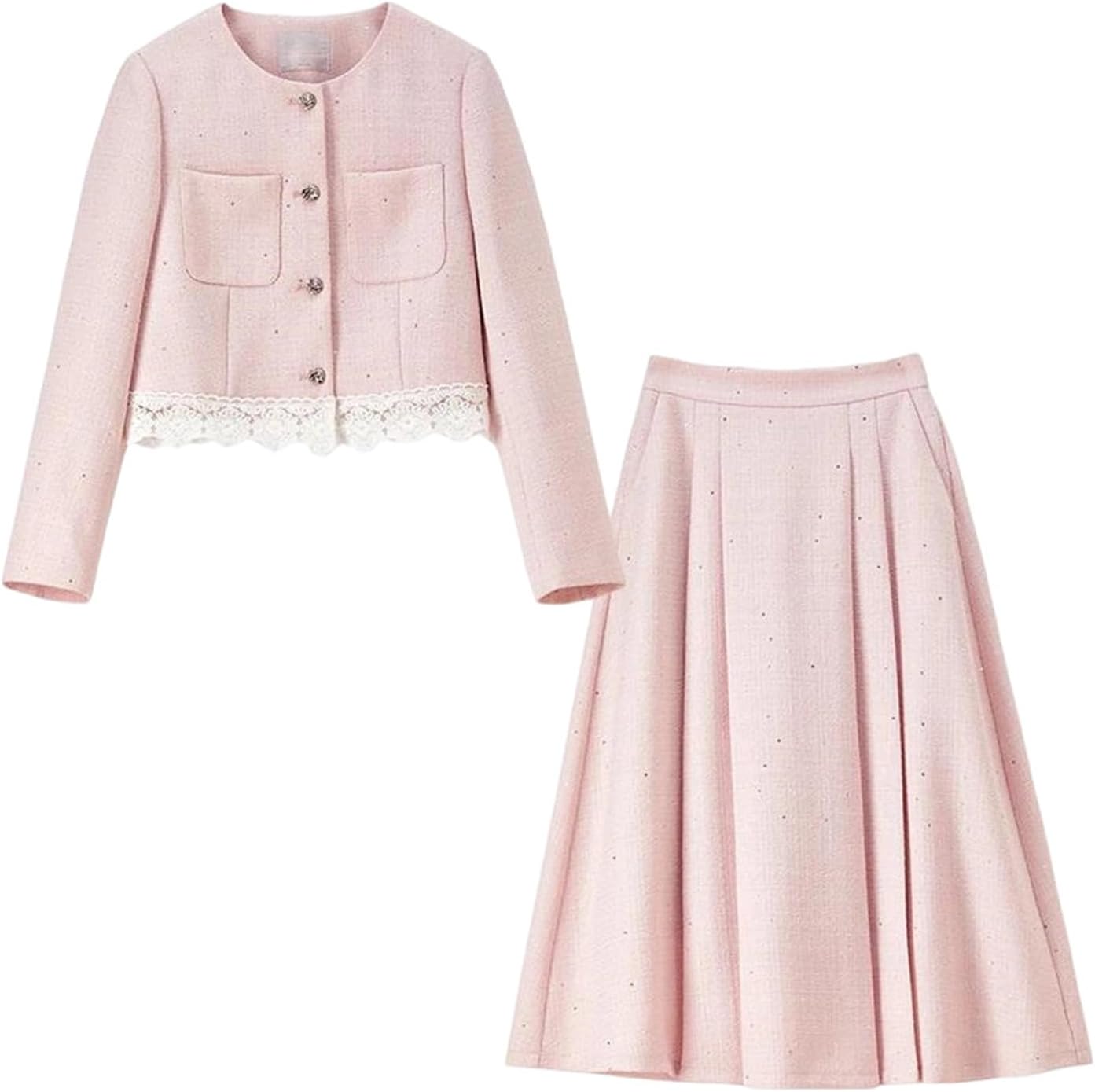 Mnjyihy Women's Fall Two-Piece Set - Lace Paneled Round-Neck Short Jacket And A-Line Pleated Skirt Elegant Outfit