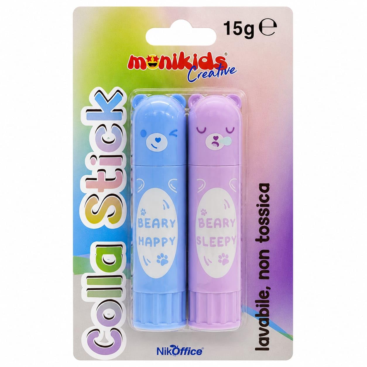 Colla Stick Bambini 15g x2 Orsetto Blu Rosa Verde Viola, Lavabile, Adatta per Lavoretti Fai da Te, Colla Scuola Asilo