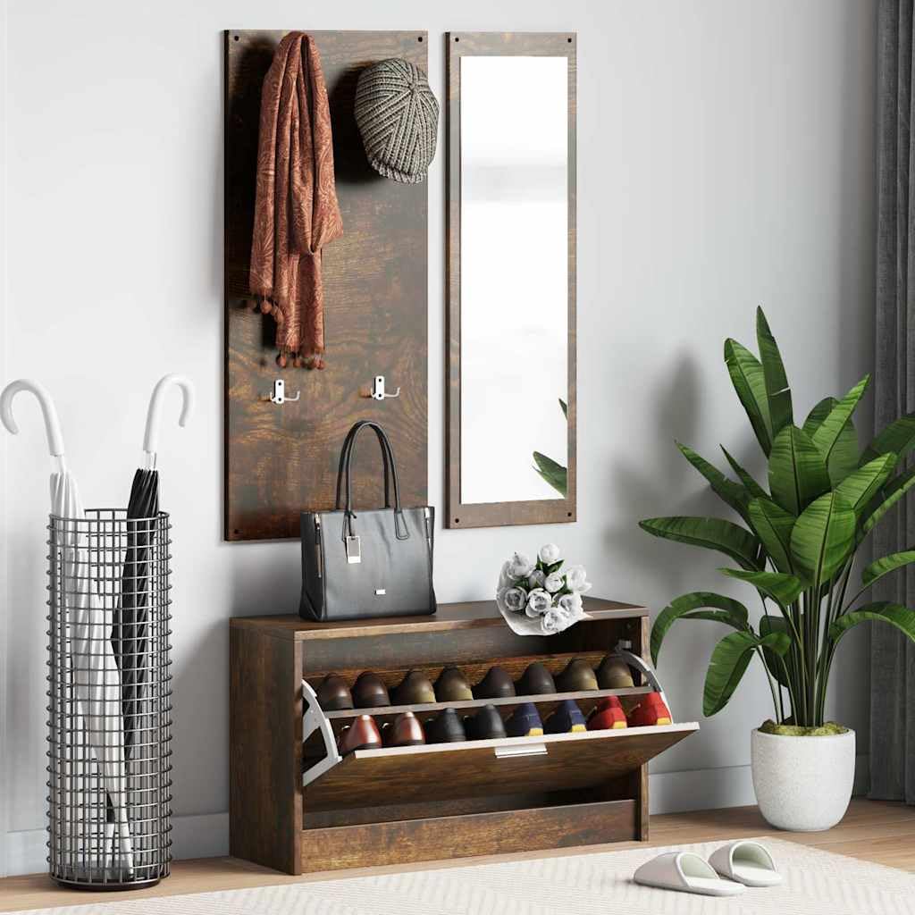 Ensemble d'armoires à chaussures 3-en-1 chêne fumé avec miroir mural et grand rangement d'entrée