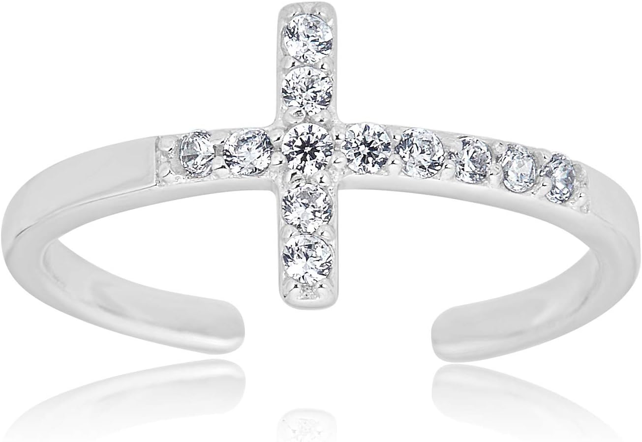 AVORA 925 Sterling Silver Adjustable Sideways Cross Toe Ring with Simulated Diamond CZ