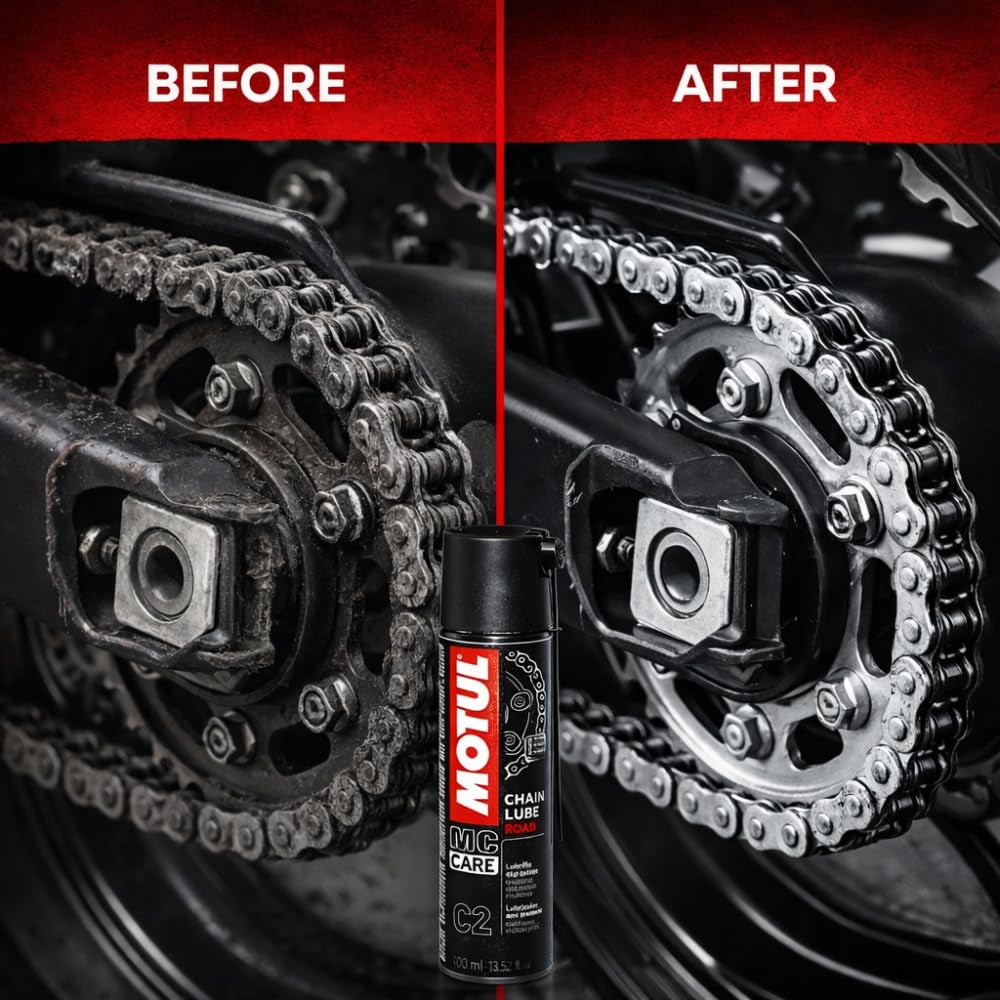 Motul Ketten-Sprühfett für Straßen-Motorräder, Farblos, Geeignet für O-Ring, X-Ring, Z-Ring Ketten, Hochgeschwindigkeitsfest, Wasser- und Salzbeständig, Rostschutz, MC Care Chain Lube Road C2, 400 ml