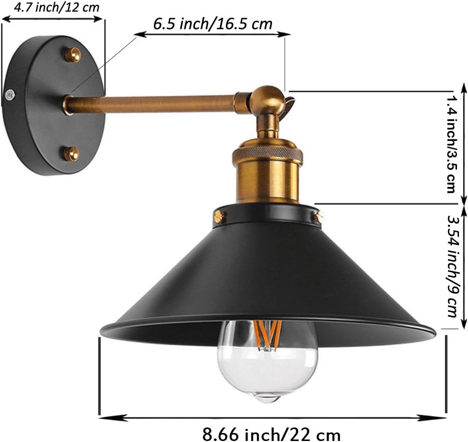 Metal Wall Sconce 1 Light Fixture E26 Base UL Plug in Cord Lighting Vintage Industrial Loft Style Wall Lamp for Bathroom Dining Room Kitchen Bedroom - Supplied with 1 x E26 60w Edison Bulb
