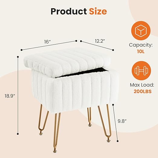 Sweetcrispy Vanity Stool Chair with Storage, Ottoman Faux Fur Soft Padded Makeup Footstools Seat with 4 Metal Legs Anti-Slip Adjustable Feet Modern Cute Small Footrest for Home Entryway Bedroom White thumbnail 3