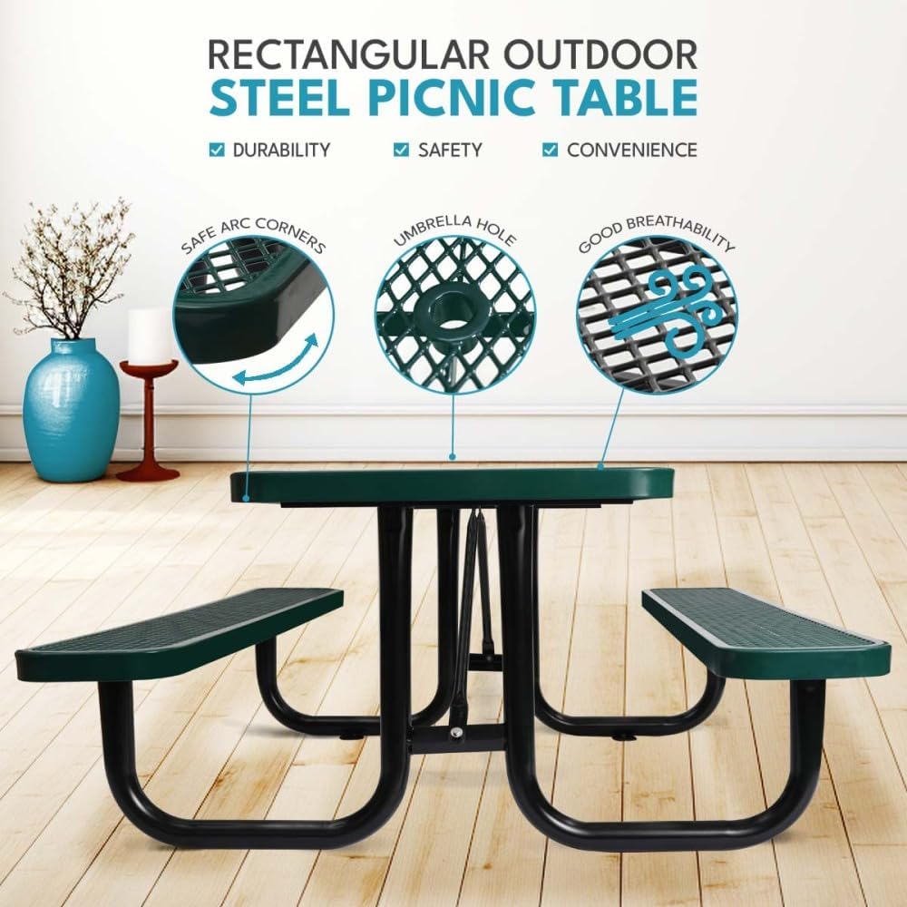 6 Foot Green Rectangular Outdoor Picnic Table with Steel Frame, Umbrella Hole, Durable and Weather-Resistant, Seating for Several